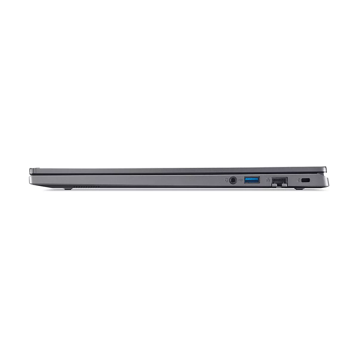Grauer Laptop im Seitenprofil vor weißem Hintergrund, zeigt Anschlüsse.