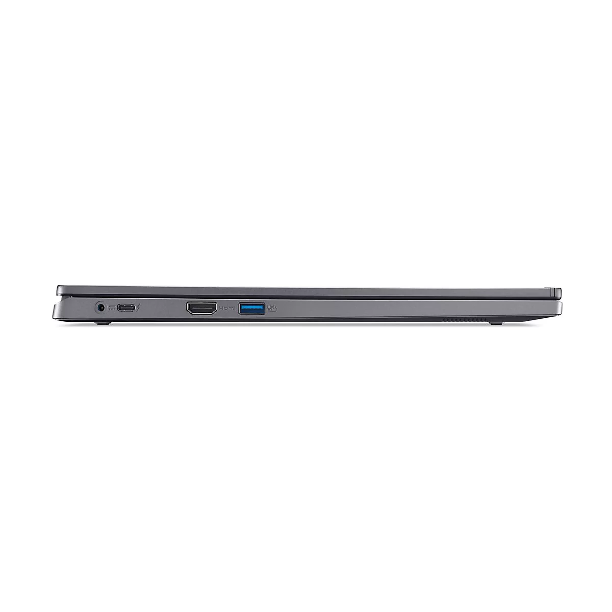 Grauer Laptop von der Seite. Anschlüsse: Kopfhörer, USB, HDMI.