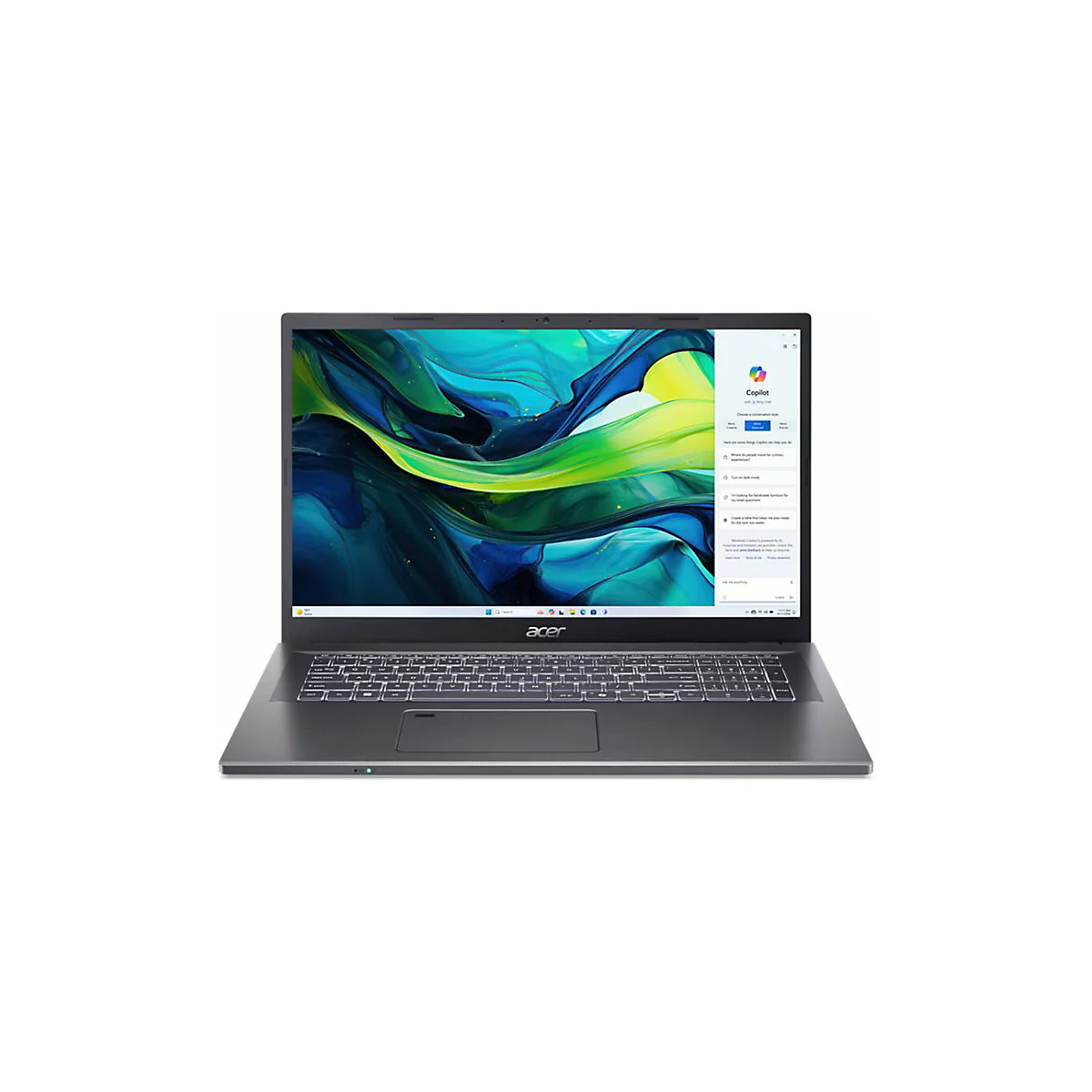 Dunkelgraues Acer Laptop, Tastatur, Bildschirm zeigt Copilot Oberfläche. Auf hellem Tisch stehend, schwarzer Rahmen.