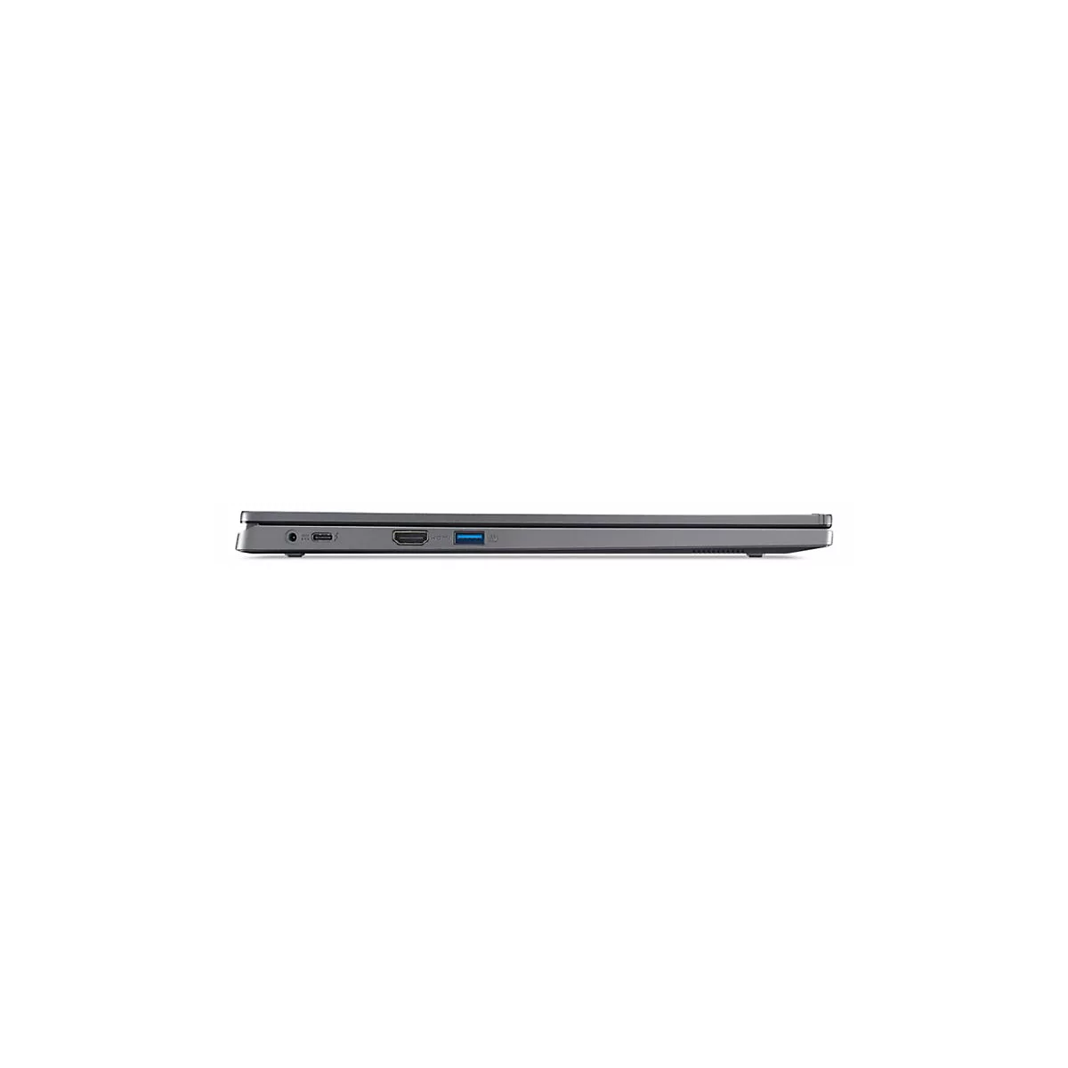Grauer Laptop von der Seite. Anschlüsse: Kopfhörer, USB-C, HDMI, USB und Lüfteröffnungen.