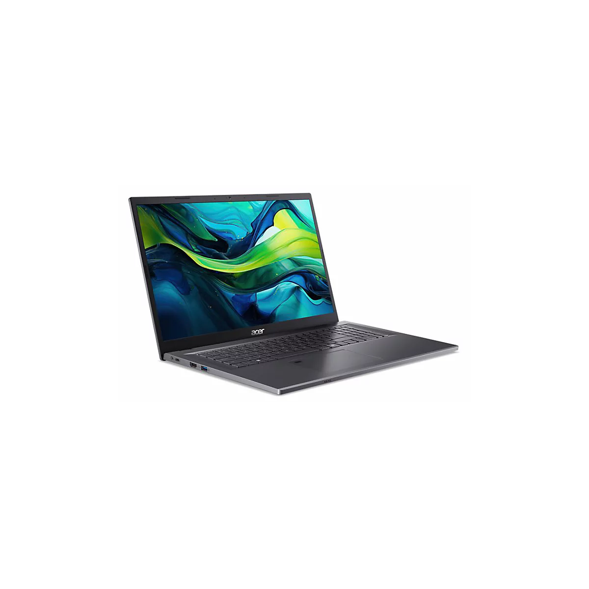 Ein grauer Laptop mit geöffnetem Deckel, der den Bildschirm zeigt. Auf dem Bildschirm ist ein farbenfrohes abstraktes Muster zu sehen, das vom Acer-Logo überlagert wird.