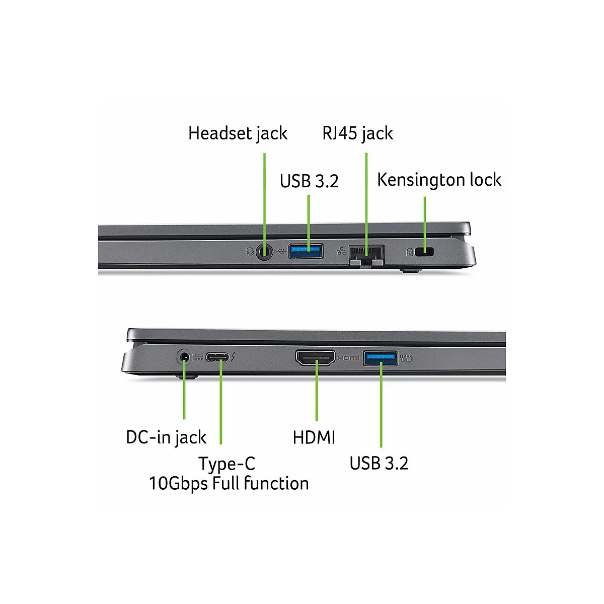 Nahaufnahme eines grauen Laptops, der seine Anschlüsse zeigt: Kopfhöreranschluss, RJ45, USB 3.2, Kensington-Lock, DC-In, Type-C, HDMI und USB 3.2.