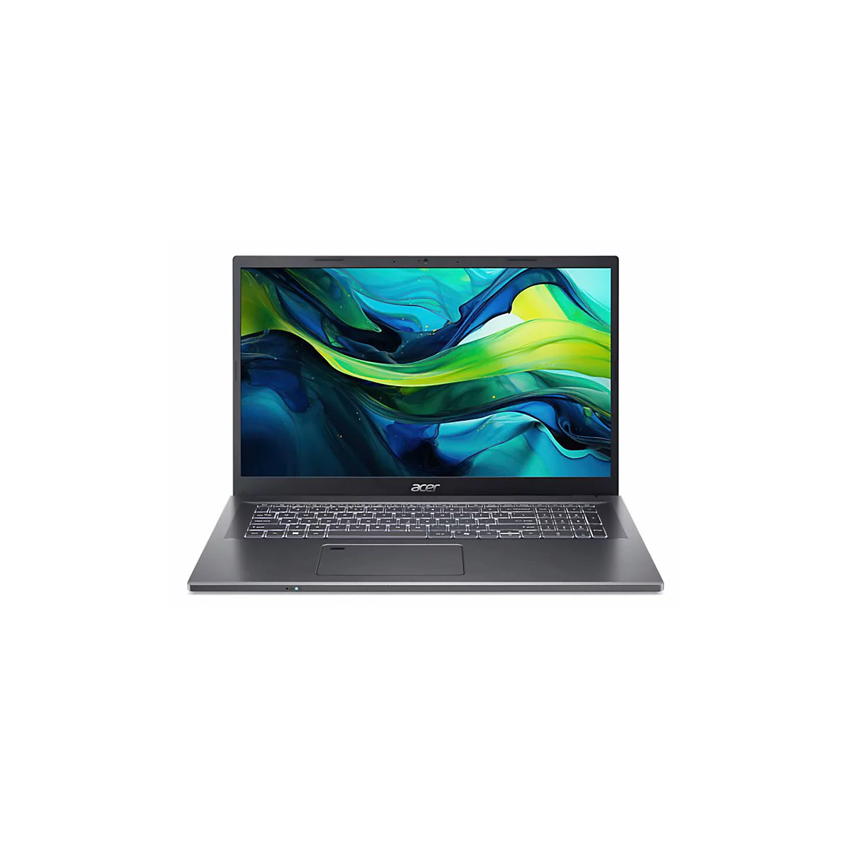 Dunkelgraues Acer Laptop mit hellen Tasten. Auf dem Bildschirm ein abstraktes Muster in Blau, Grün und Gelb. Acer-Logo unten.