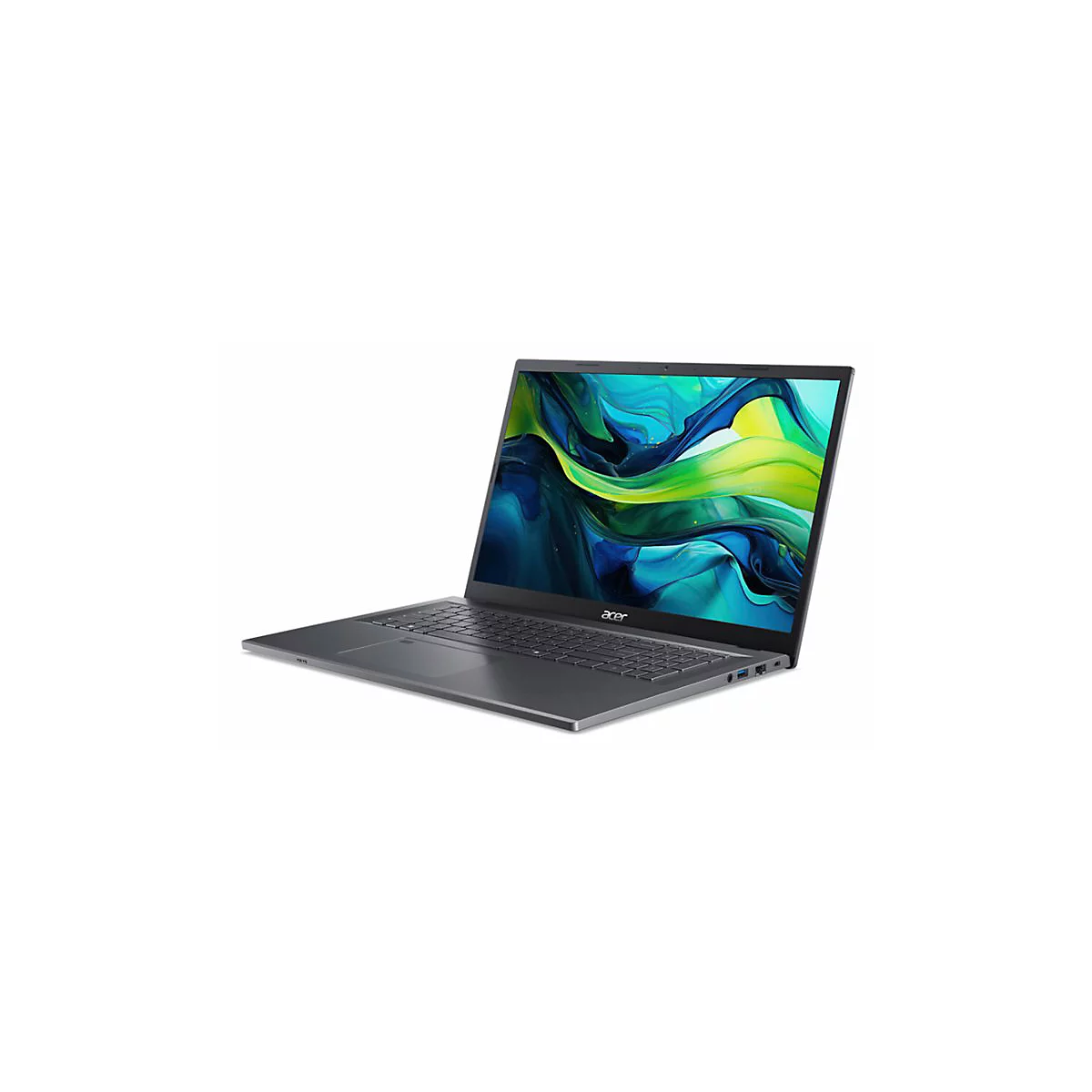 Dunkelgraues Acer-Laptop, geöffnet, auf weißem Hintergrund. Der Bildschirm zeigt ein abstraktes, farbenfrohes Design.