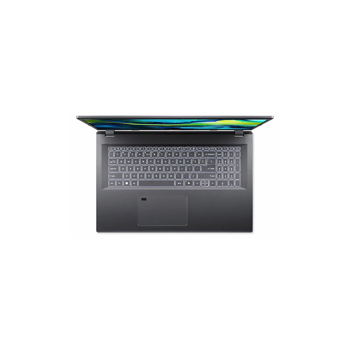 Draufsicht auf einen geöffneten Laptop mit beleuchteter Tastatur auf weißem Hintergrund.