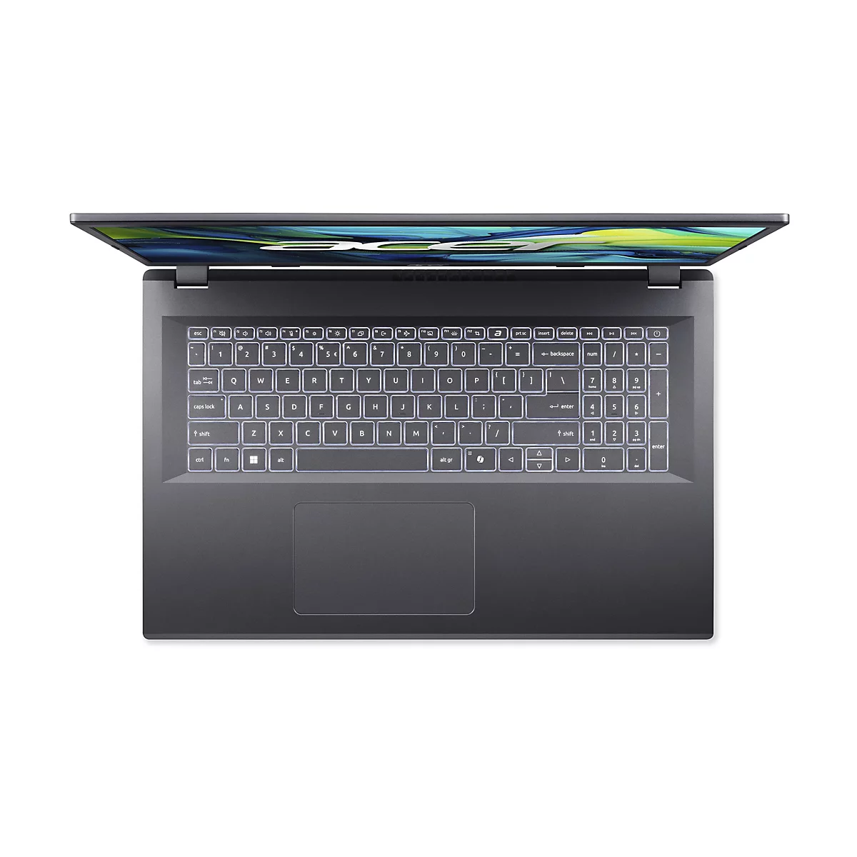 Draufsicht auf einen dunklen Laptop mit hochgeklapptem Bildschirm. Die Tastatur ist beleuchtet, darunter ein Touchpad.