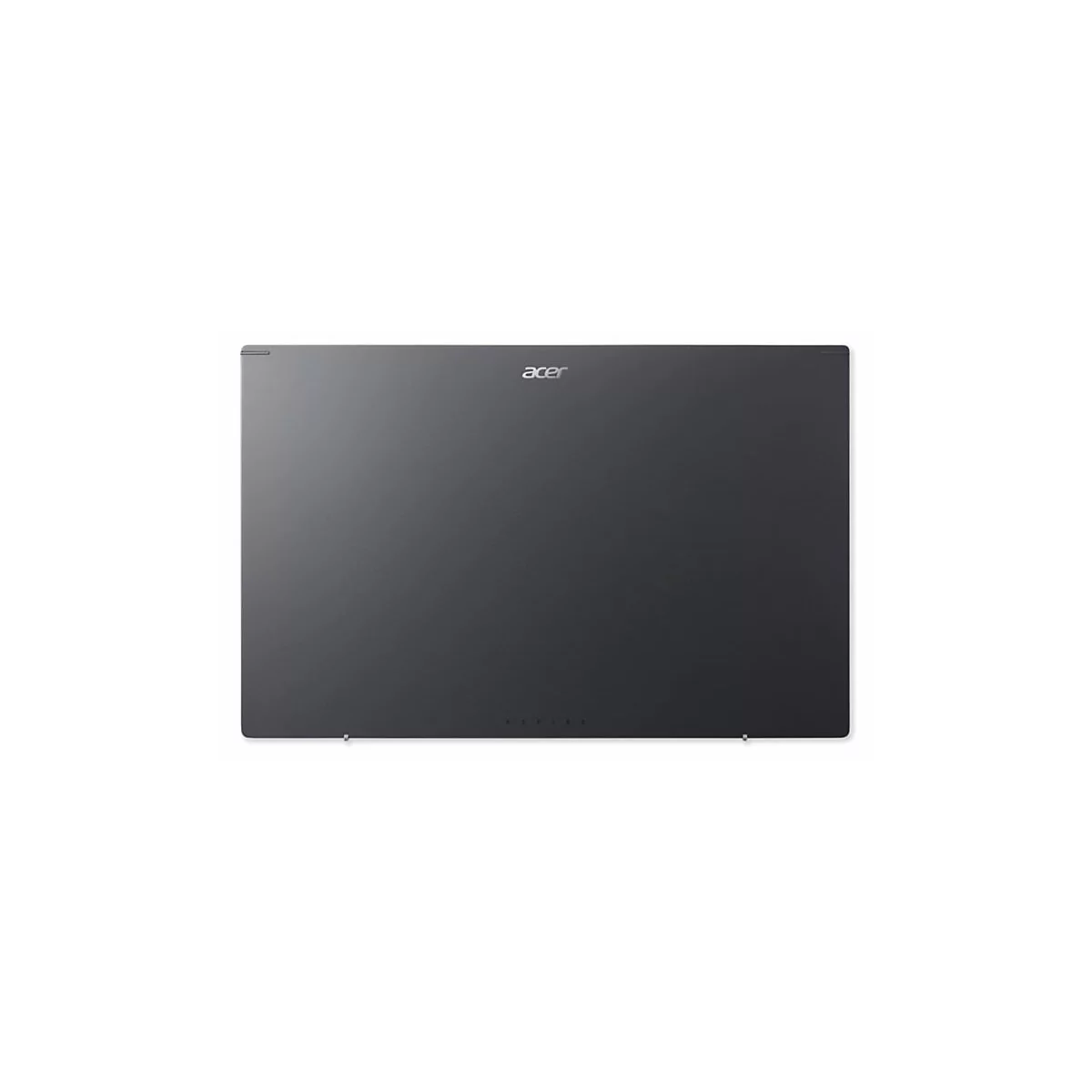 Dunkelgraues Acer Aspire Laptop, von oben fotografiert, isoliert vor weißem Hintergrund. Der Schriftzug Acer ist oben, Aspire unten.