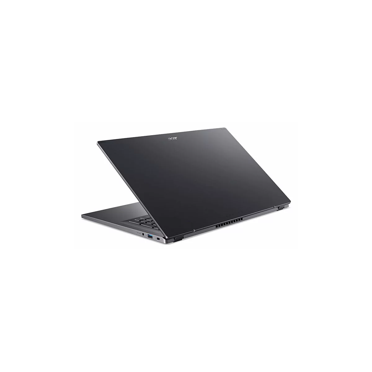 Dunkelgraues Acer-Laptop, halb geöffnet, auf weißem Hintergrund. Das Logo 'Acer' ist oben abgebildet.