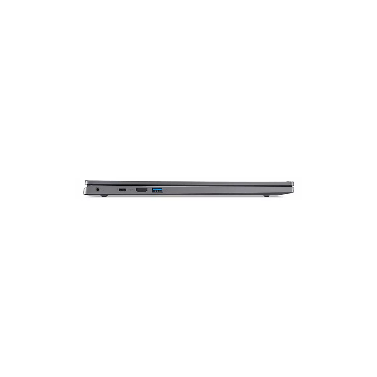 Grauer Laptop, Seitenansicht. Anschlüsse: Kopfhörer, USB-C, HDMI, USB, Ein-/Aus-Taste.