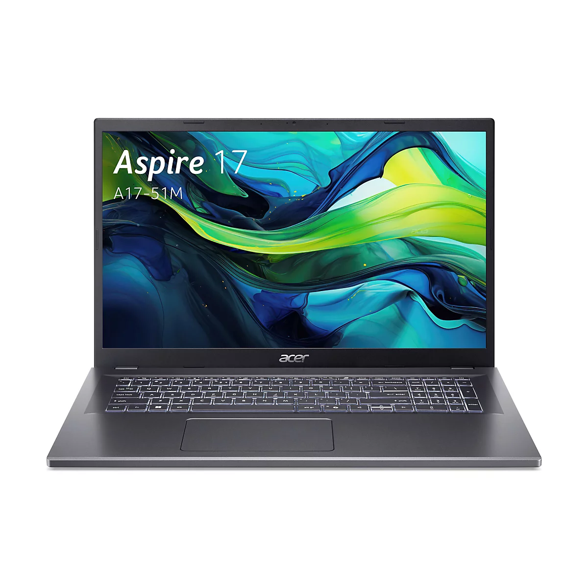 Dunkelgraues Acer Aspire 17 Laptop, Display mit blau-grünem Muster, Tastatur, weißer Hintergrund.