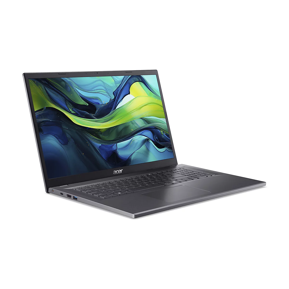 Ein graues Acer-Laptop mit geöffnetem Bildschirm vor weißem Hintergrund. Der Bildschirm zeigt ein abstraktes Muster in Blau und Grün.