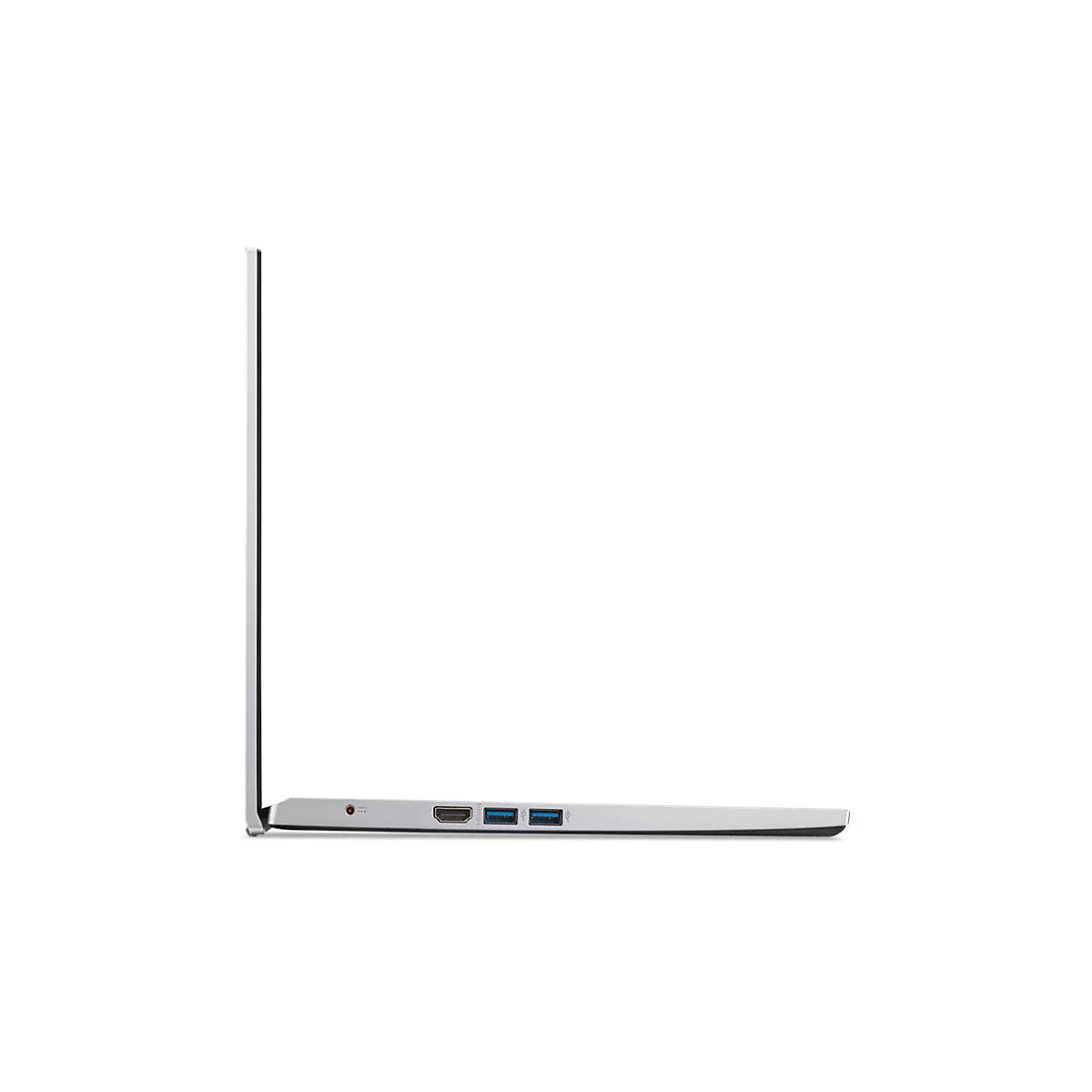 Seitliche Ansicht eines silberfarbenen Laptops, geöffnet. Man sieht die dünne Seite und die Anschlüsse.