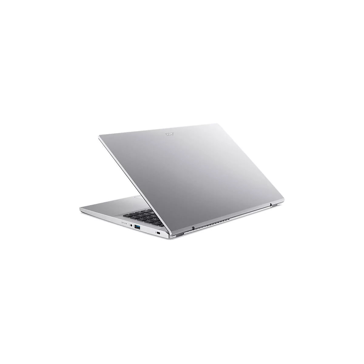 Silberner Laptop mit leicht geöffnetem Deckel. Tastatur sichtbar. Acer Logo oben rechts.