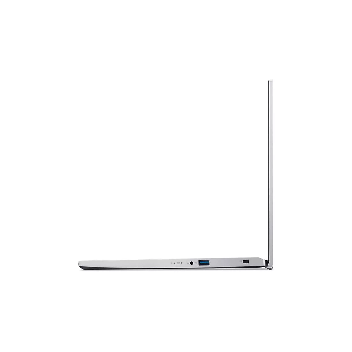 Silberner Laptop im Profil, Display fast vollständig geöffnet, Anschlüsse sichtbar.