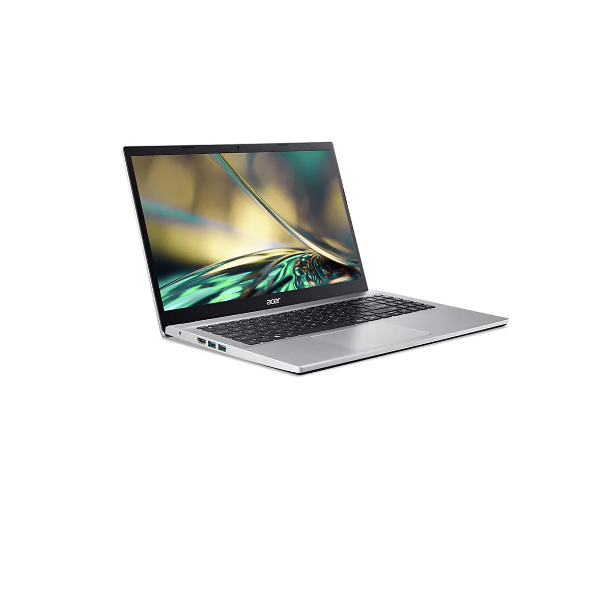 Silberfarbenes Acer Laptop, leicht angewinkelt, Bildschirm zeigt grüne und gelbe Reflexionen, schwarze Tastatur, weiße Oberfläche.