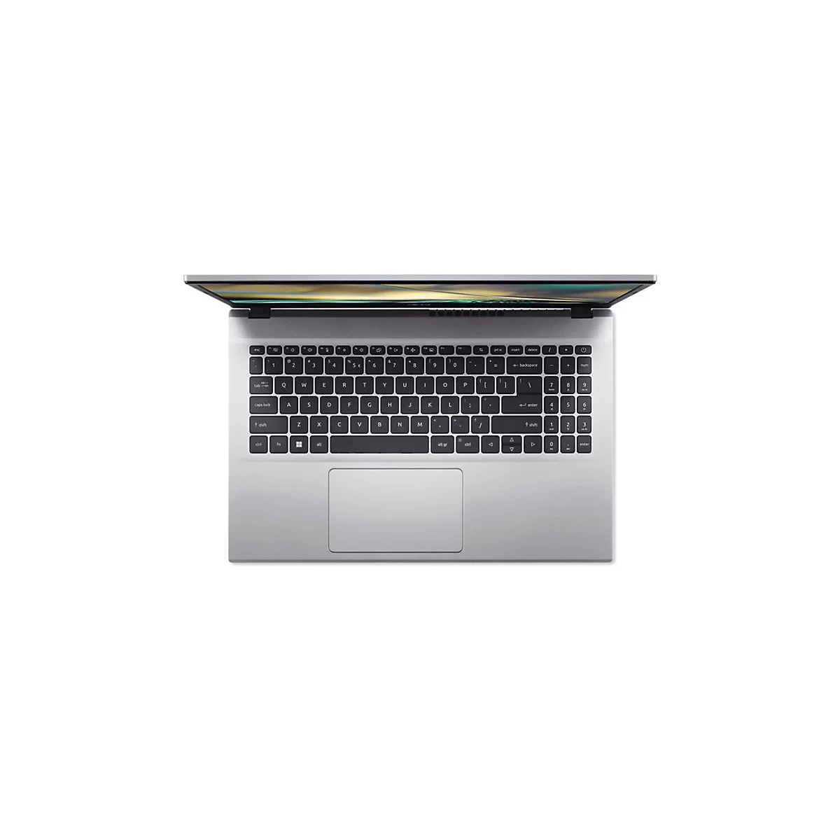 Draufsicht auf einen silbernen Laptop mit geöffnetem Bildschirm. Die Tastatur und das Touchpad sind deutlich zu sehen.