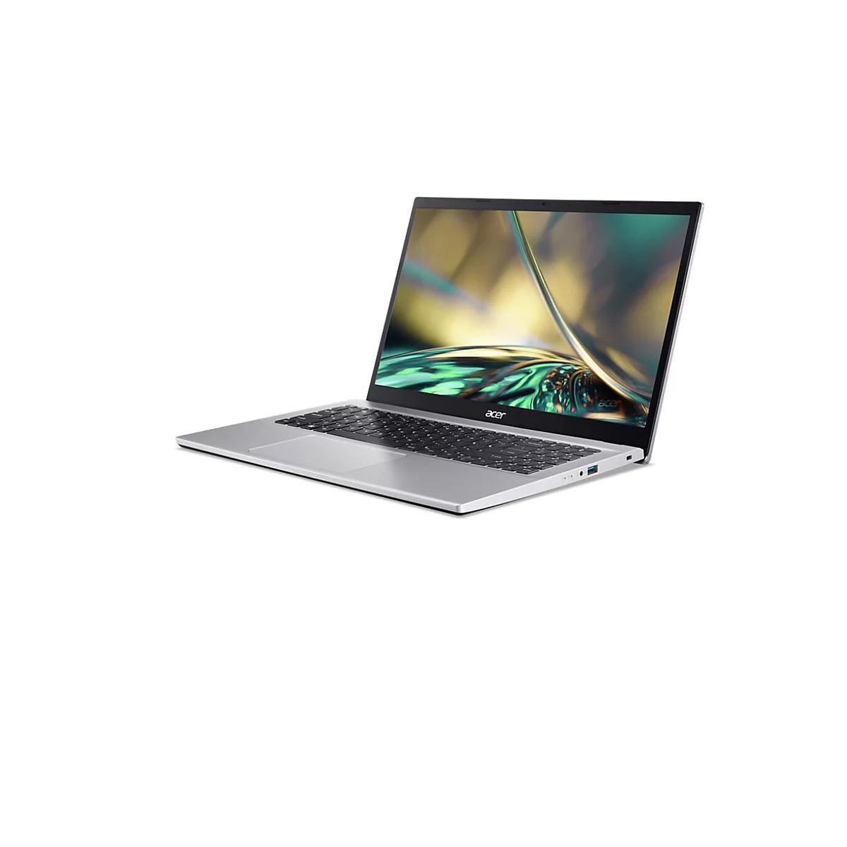 Silberner Laptop von Acer, leicht von oben links betrachtet, der Bildschirm zeigt ein abstraktes Muster.
