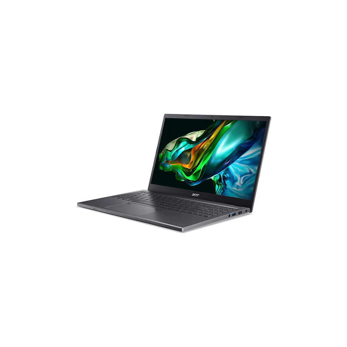 Dunkelgraues Notebook mit geöffnetem Bildschirm; Bildschirm zeigt bunte Wellen. Marke: Acer.