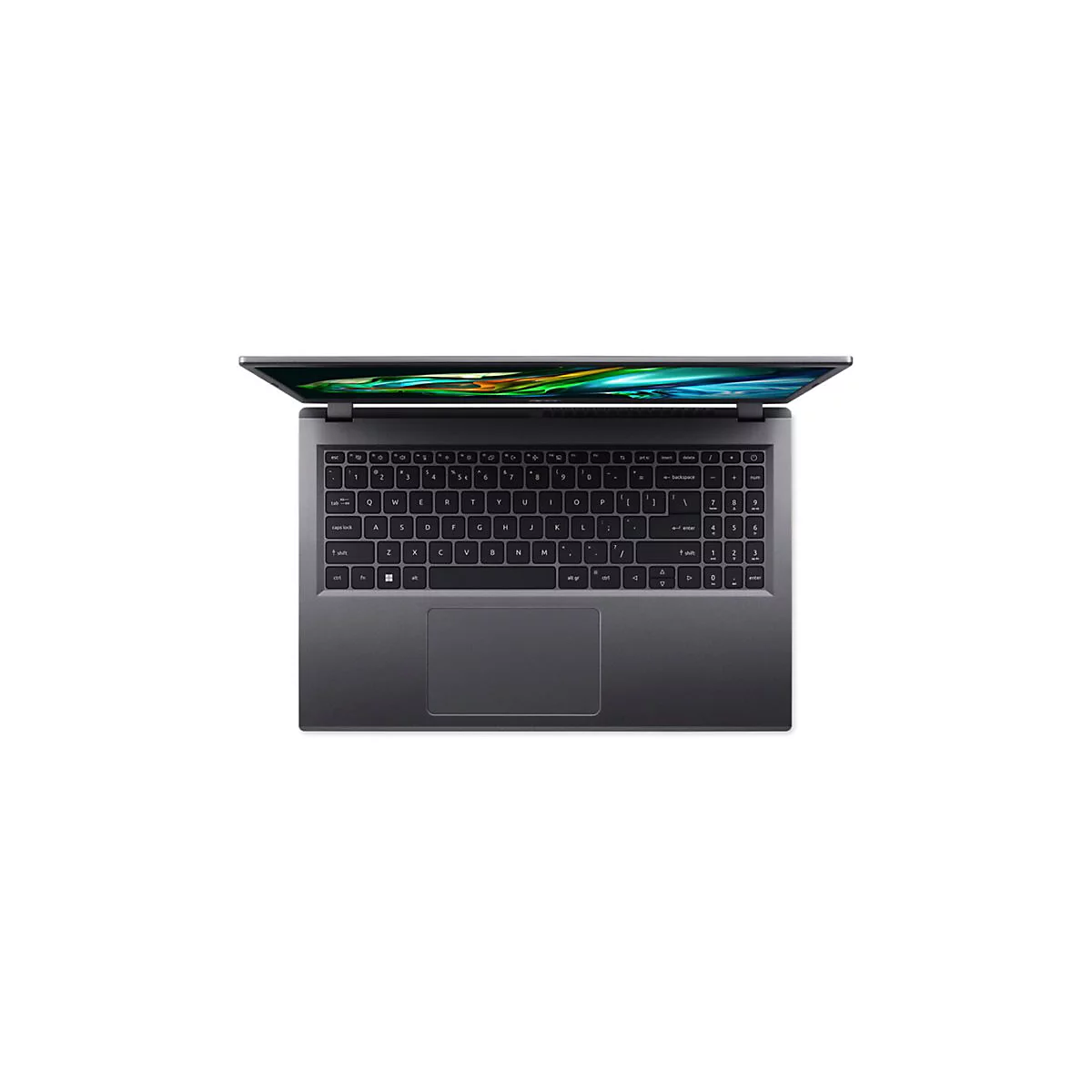 Draufsicht auf einen dunklen Laptop mit geöffnetem Bildschirm. Die Tastatur und das Touchpad sind deutlich zu erkennen.