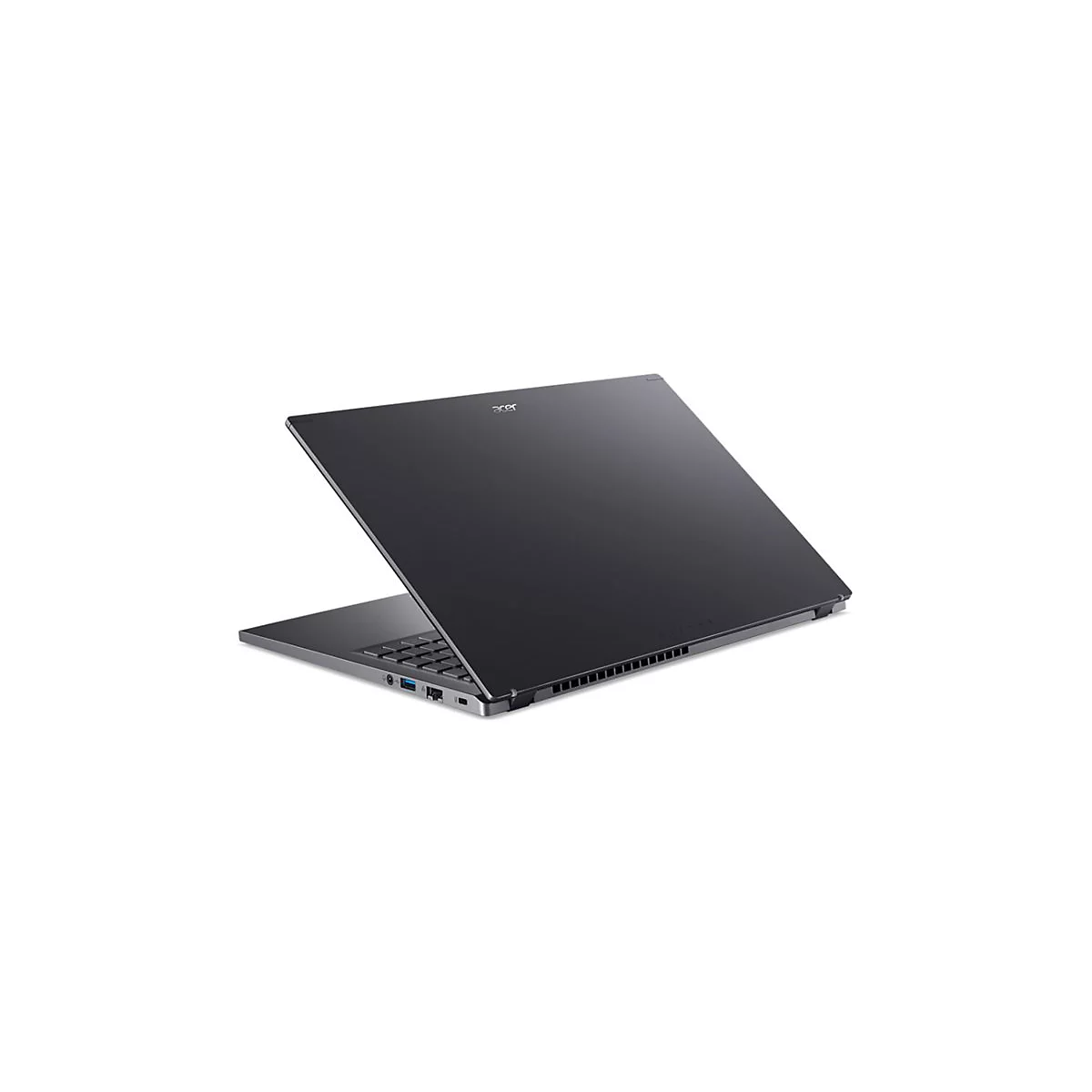 Dunkelgraues Acer-Laptop, halb geöffnet, auf weißem Hintergrund. Das Logo ist auf dem Deckel zu sehen.