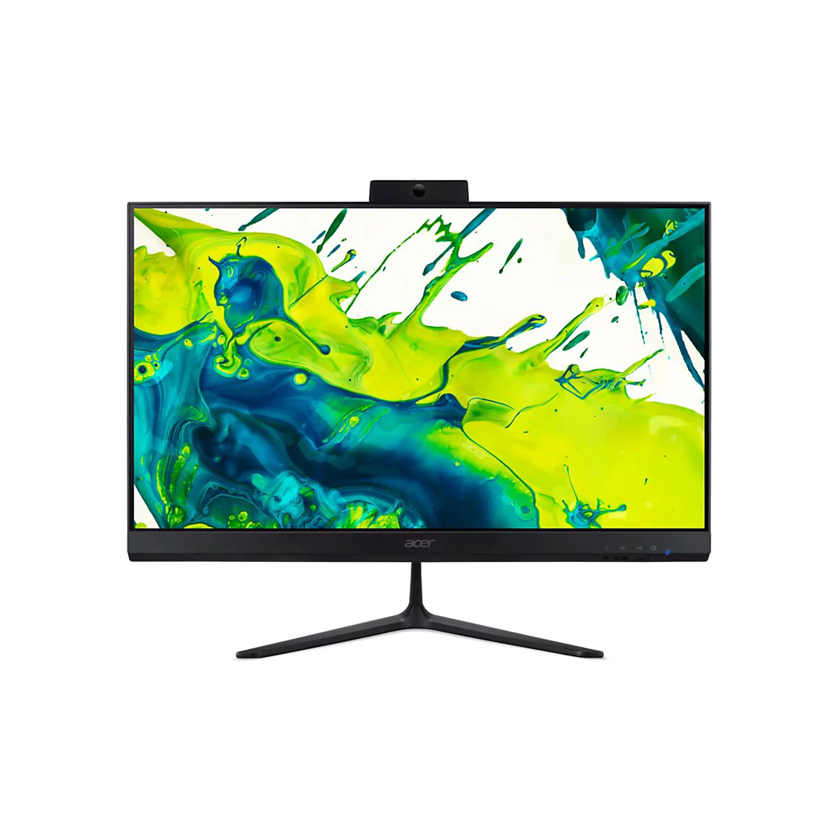 Schwarzer All-in-One-PC von Acer, mit einem lebendigen, bunten Bildschirm. Auf dem Bildschirm ist ein abstraktes Kunstwerk zu sehen.