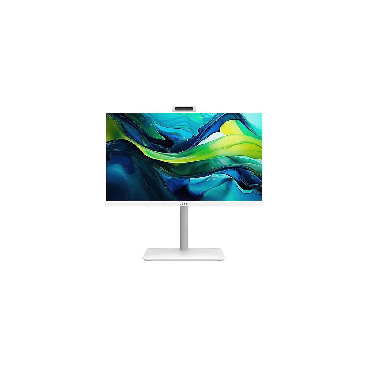 Weißer All-in-One-PC von Acer mit integrierter Webcam, aufrecht stehend. Das Display zeigt eine farbige Darstellung. 