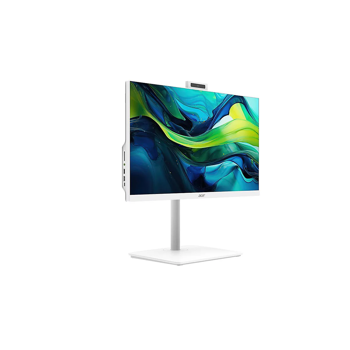 Weißer All-in-One-PC mit Bildschirm, Webcam und Standfuß, vor weißem Hintergrund.