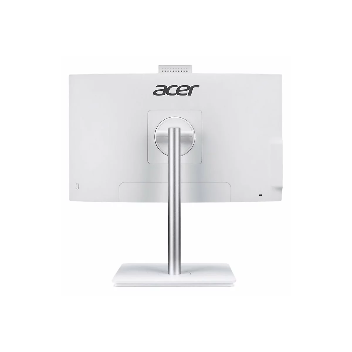 Rückseite eines weißen Acer-All-in-One-Computers mit Ständer. Oben mittig das Acer-Logo.