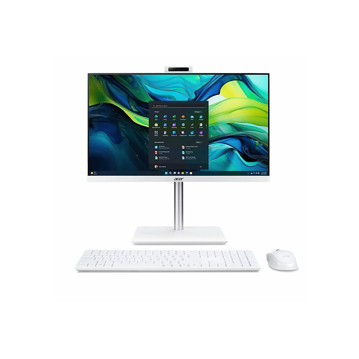 Weißer All-in-One-PC mit Tastatur und Maus. Auf dem Bildschirm sind Windows-App-Symbole zu sehen.