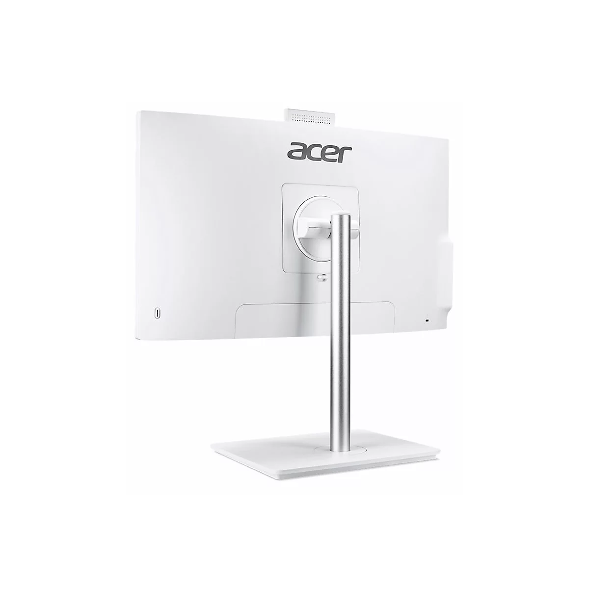 Weißer Acer All-in-One-PC, Rückansicht. Das Logo ist oben mittig angebracht. Der Bildschirm wird von einem Metallfuß gehalten.