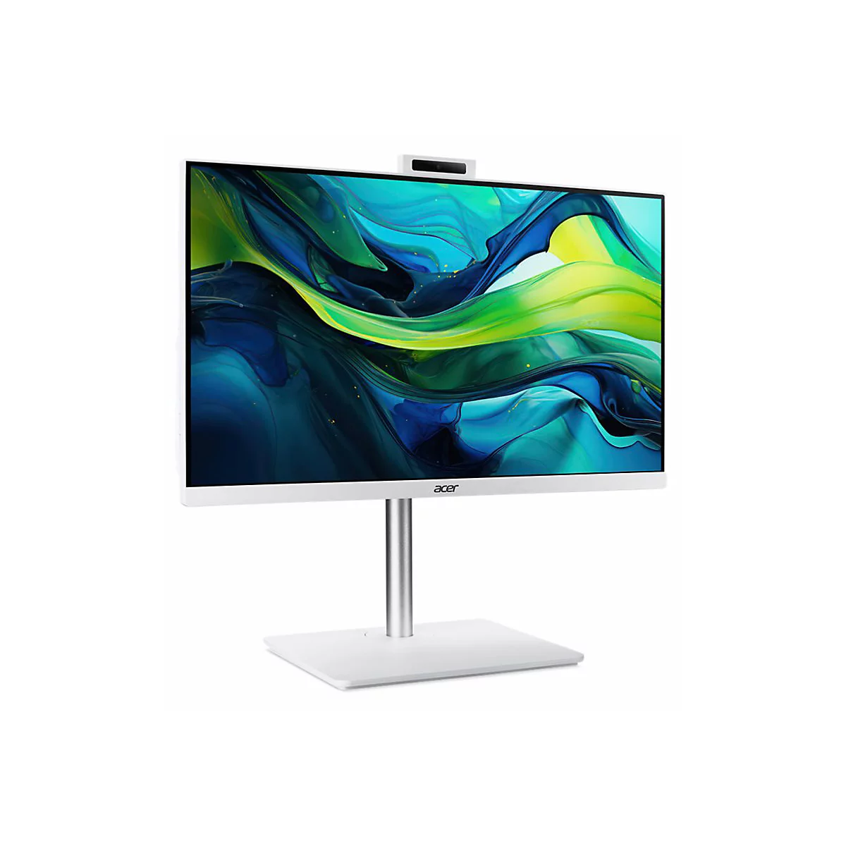 Weißer All-in-One-PC von Acer. Bildschirm zeigt abstraktes, buntes Muster. Kamera oben mittig. Silberner Fuß, weißer Standfuß.