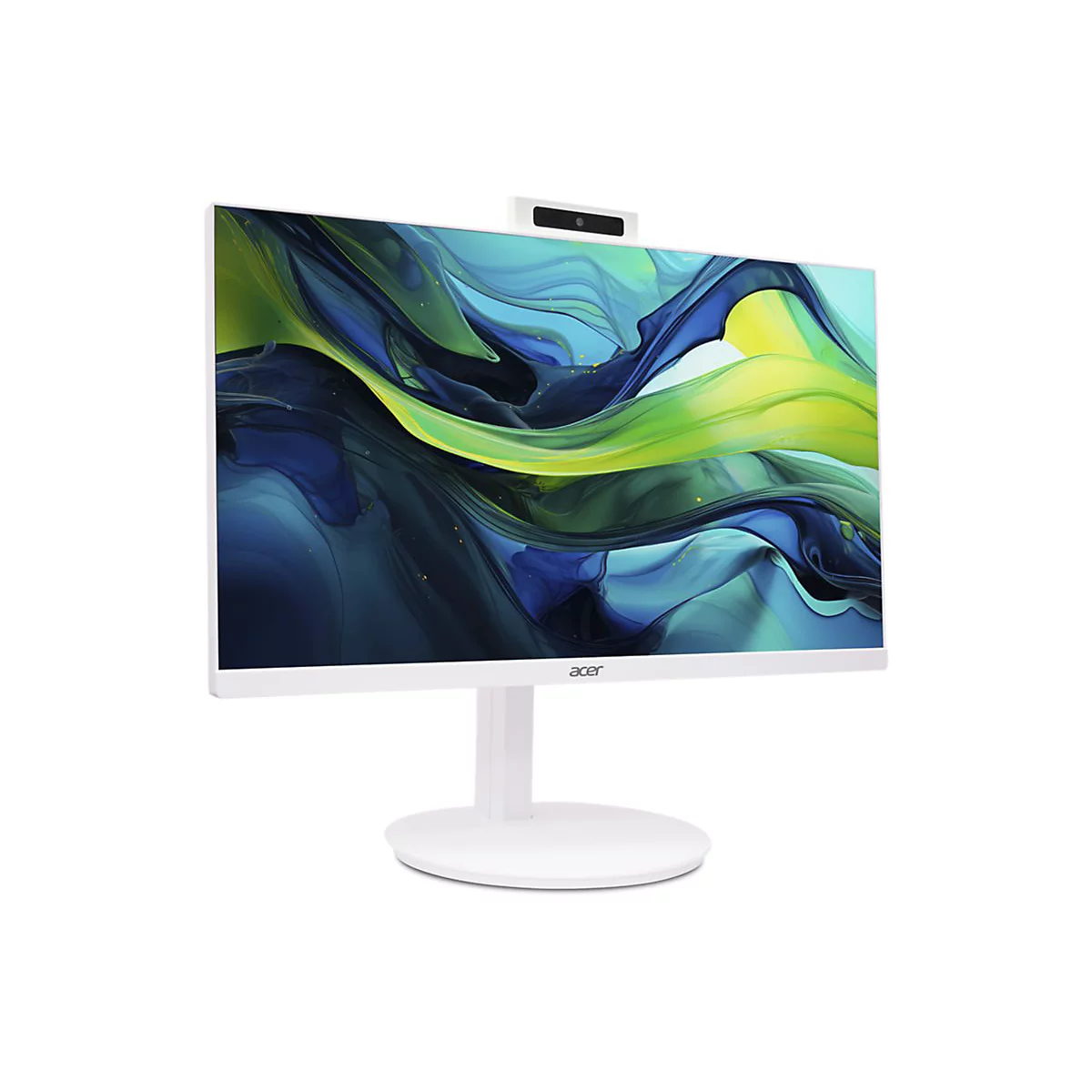 Weißer All-in-One-PC von Acer, mit Bildschirm, Webcam und rundem Standfuß. Der Bildschirm zeigt ein abstraktes farbenfrohes Design.