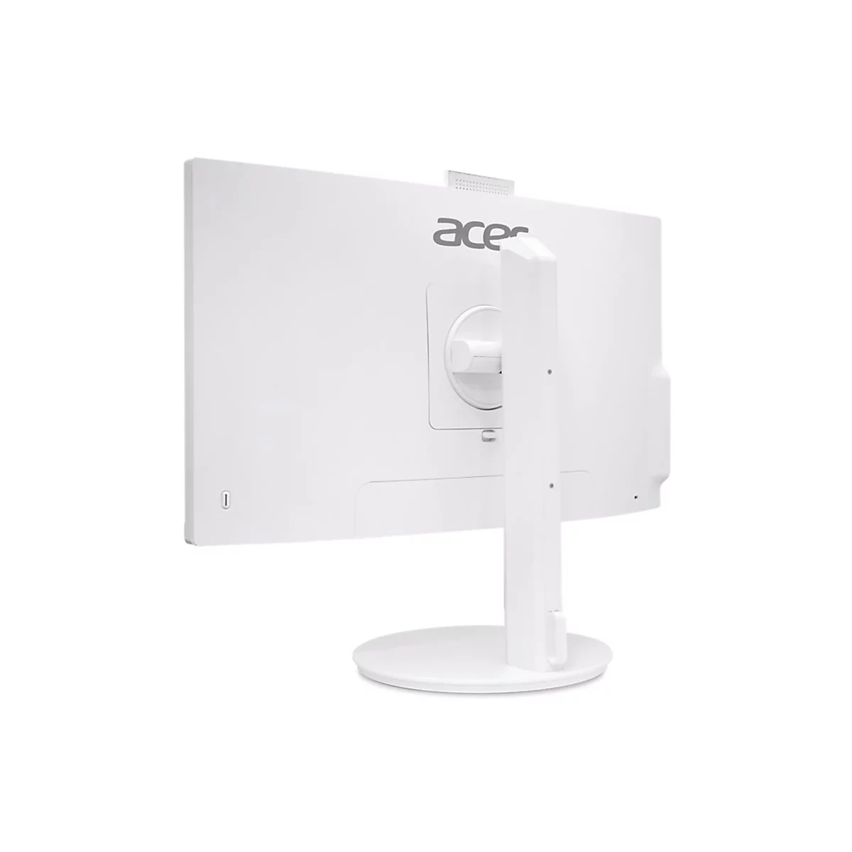 Rückseite eines weißen Acer-Monitors mit Standfuß, Blickwinkel. Das Acer-Logo ist oben rechts sichtbar.