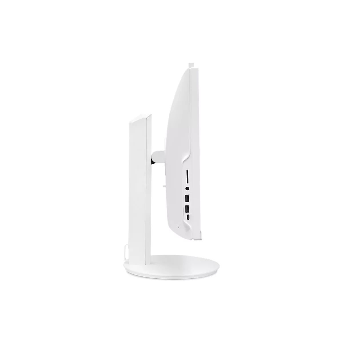 Seitenansicht eines weißen All-in-One-Computers; Bildschirm, Standfuß, Anschlüsse.