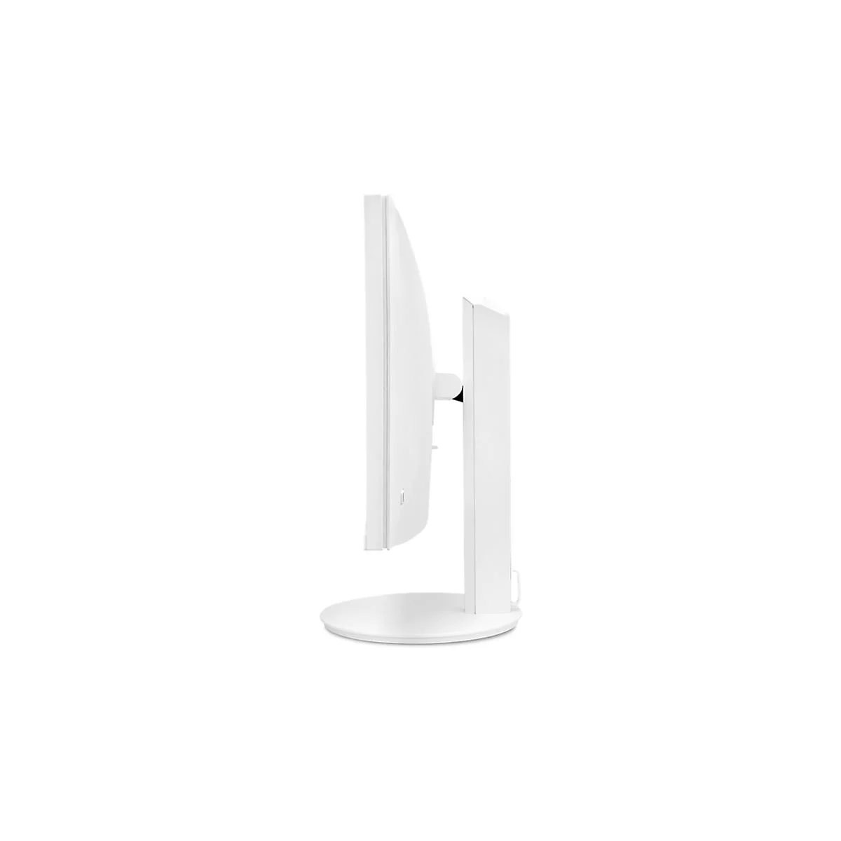 Weißer Monitor in Seitenansicht, runder Standfuß, kantige Form.