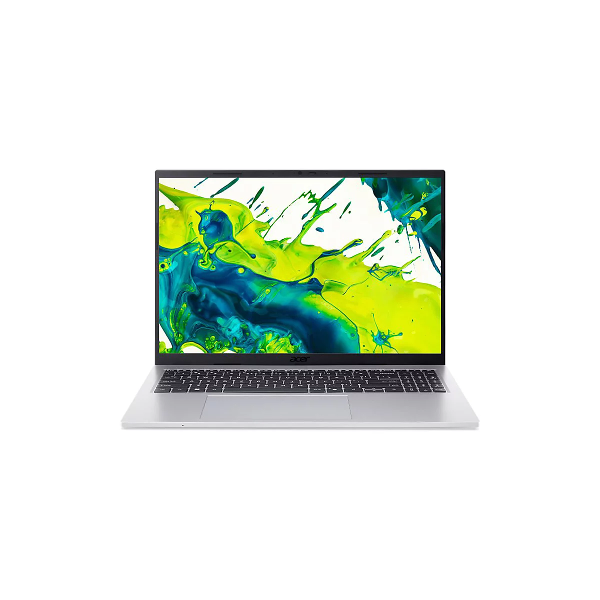 Silberner Acer Laptop mit schwarzer Tastatur und abstraktem grün-blauem Hintergrundbild.