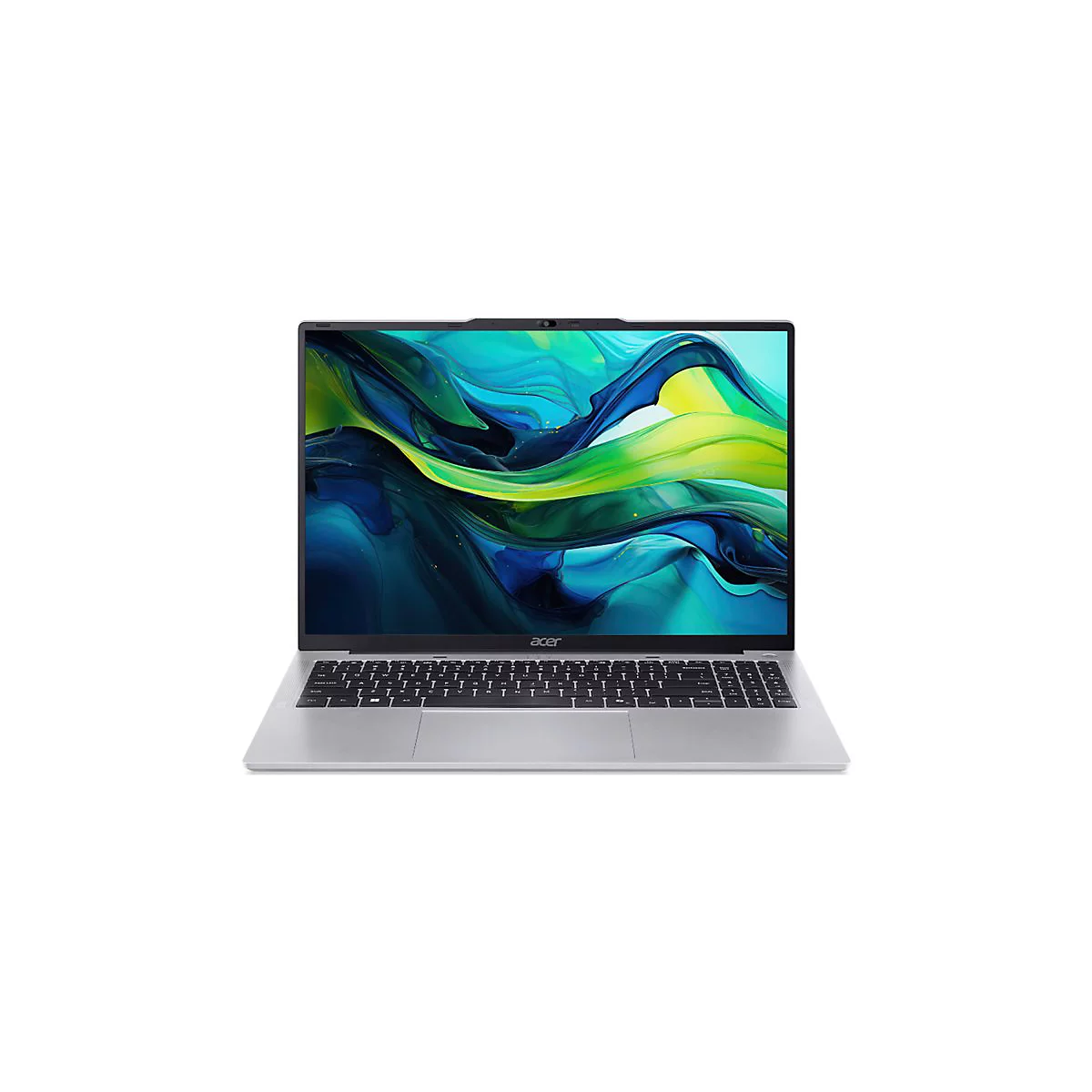 Graues Acer-Laptop, Frontansicht. Die Tastatur ist deutlich zu sehen, der Bildschirm zeigt grüne und gelbe abstrakte Formen.