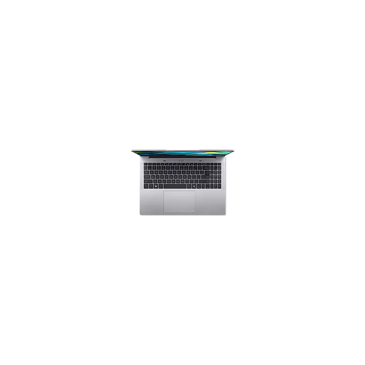 Draufsicht auf einen silbernen Laptop, leicht geöffnet. Die Tastatur ist deutlich sichtbar.