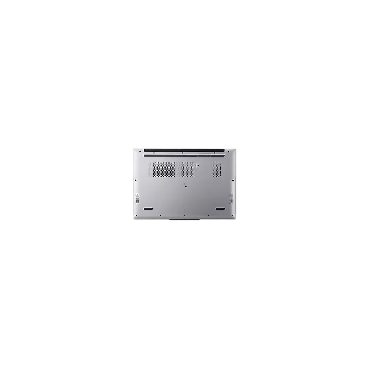 Unterseite eines silbernen Laptops mit Lüftungsschlitzen und Schrauben.