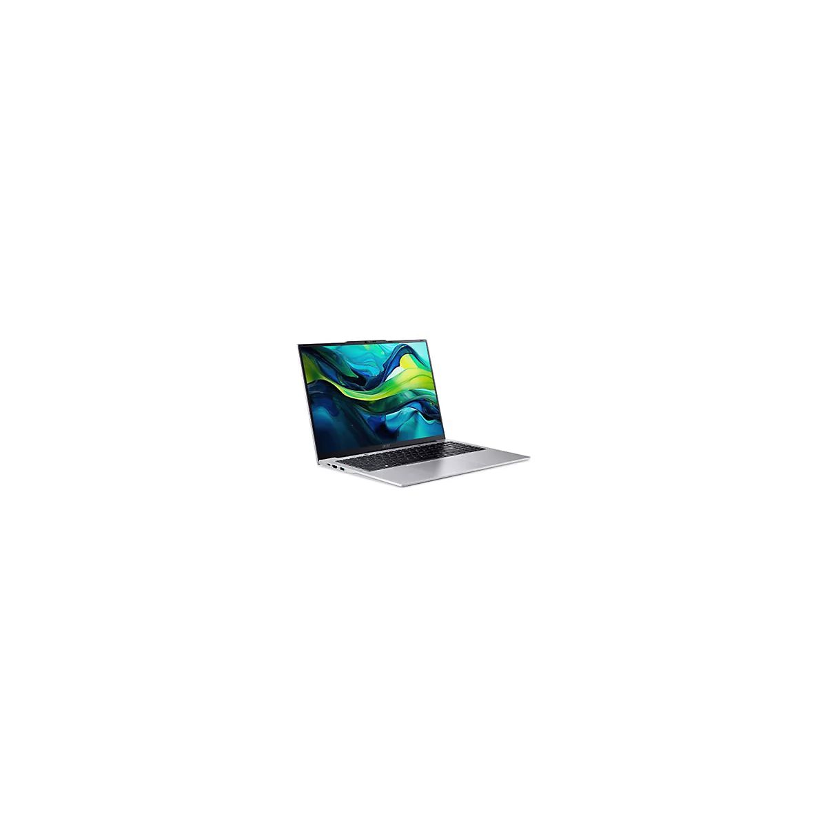 Graues Acer Laptop, Display mit grün-blauen Farbverlauf. Geöffnet, Blick auf Tastatur. Auf weißem Hintergrund.
