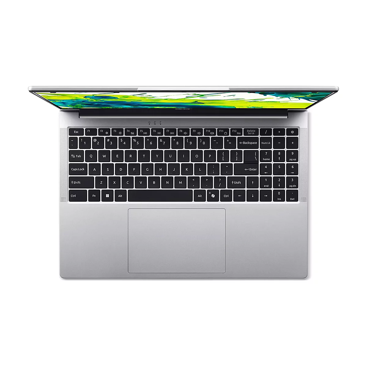 Draufsicht auf einen silberfarbenen Laptop mit geöffnetem Bildschirm und Blick auf die Tastatur.