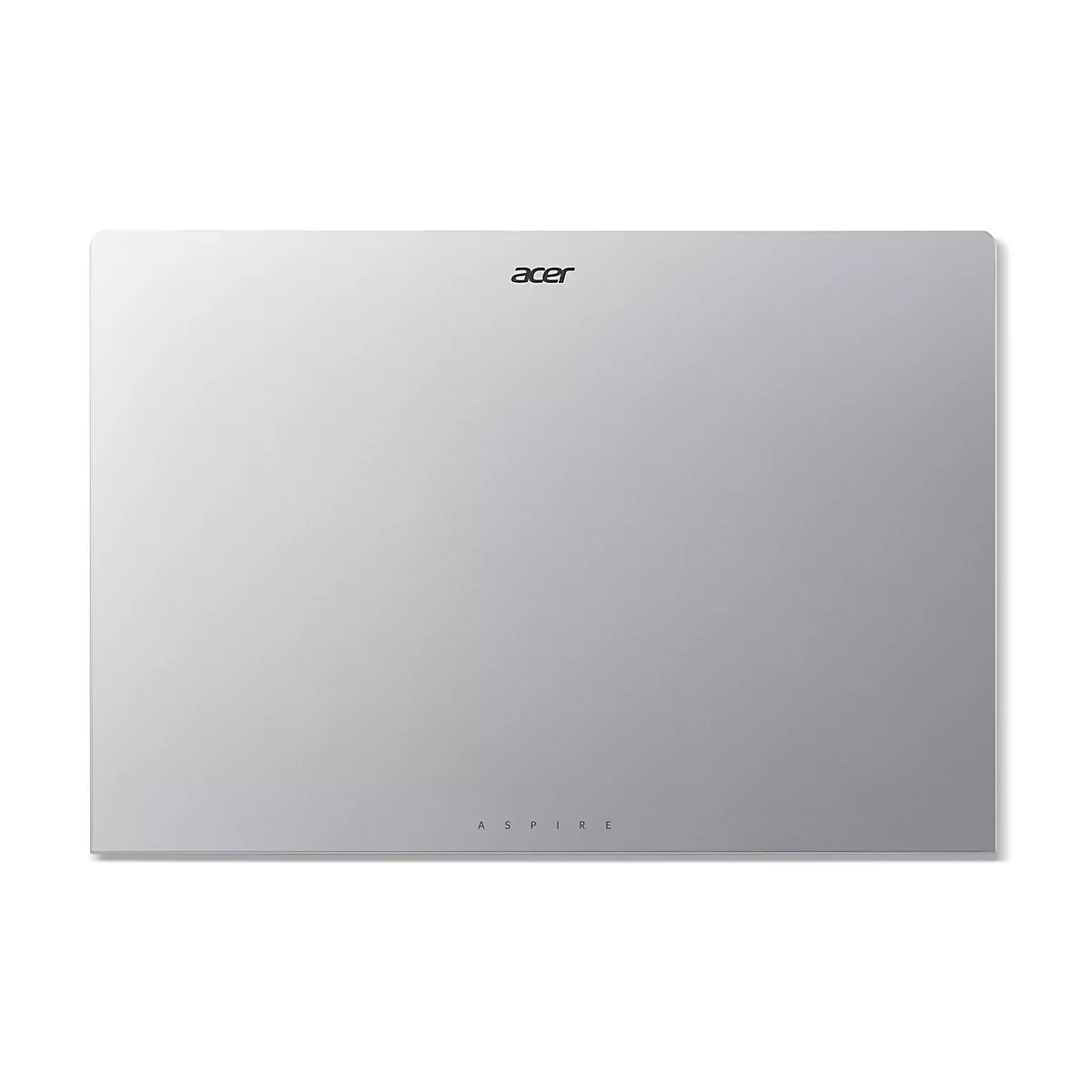 Silberner Laptop von oben. Acer-Logo oben, darunter Schriftzug „Aspire“. Rechteckige Form mit abgerundeten Ecken.