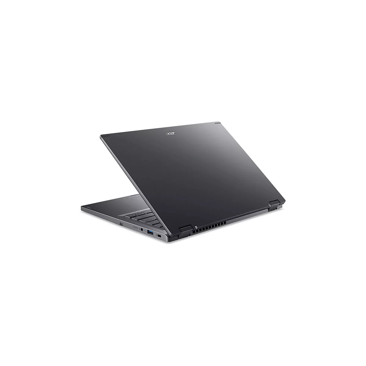 Ein schwarzes Acer-Laptop, halb geöffnet, mit Tastatur und Logo. Der Hintergrund ist weiß.