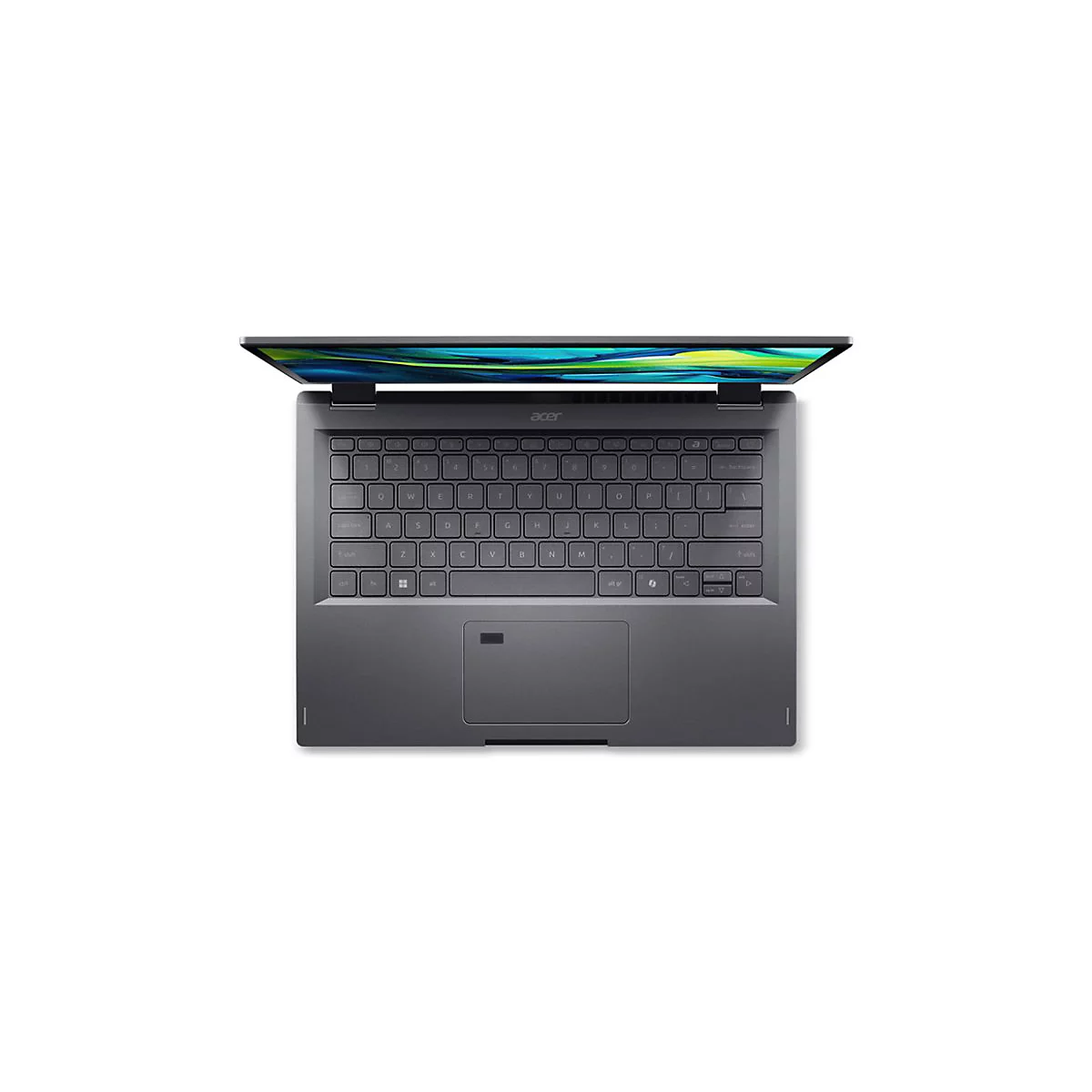 Draufsicht auf einen geöffneten, grauen Laptop mit Acer-Logo und Tastatur.