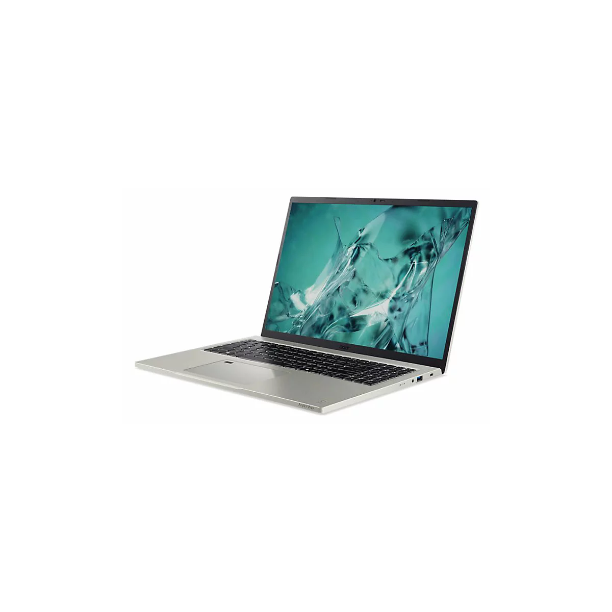 Ein grauer Laptop mit schwarzer Tastatur, geöffnet. Auf dem Bildschirm ist eine abstrakte, grüne Grafik zu sehen.