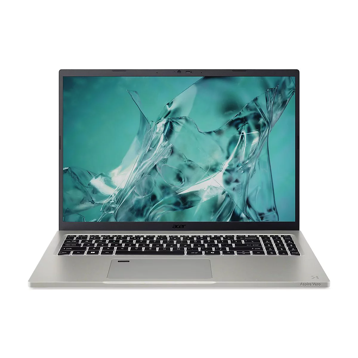 Hellgraues Acer Aspire Vero Laptop, geöffnet. Bildschirm zeigt abstrakte, blaue Formen. Tastatur und Touchpad deutlich erkennbar. Schriftzug "Acer" und "Aspire Vero".