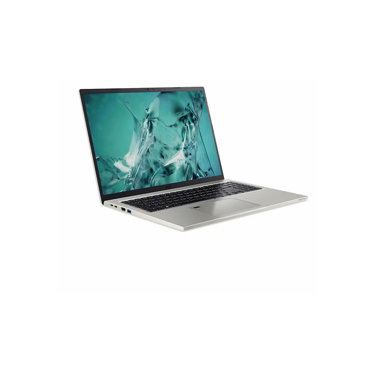 Hellgraues Laptop von Acer, leicht schräg von vorne fotografiert. Der Bildschirm zeigt ein abstraktes, grünes Muster. Tastatur und Touchpad sind sichtbar.