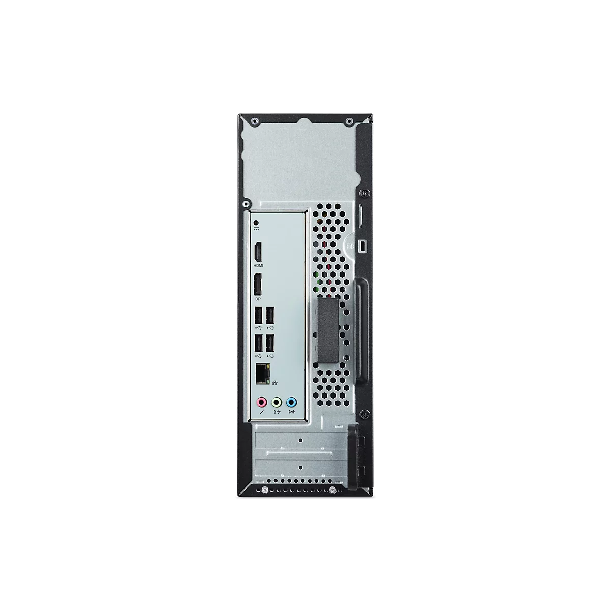 Rückseite eines Desktop-Computers. HDMI, DP und USB-Anschlüsse sind zu sehen.