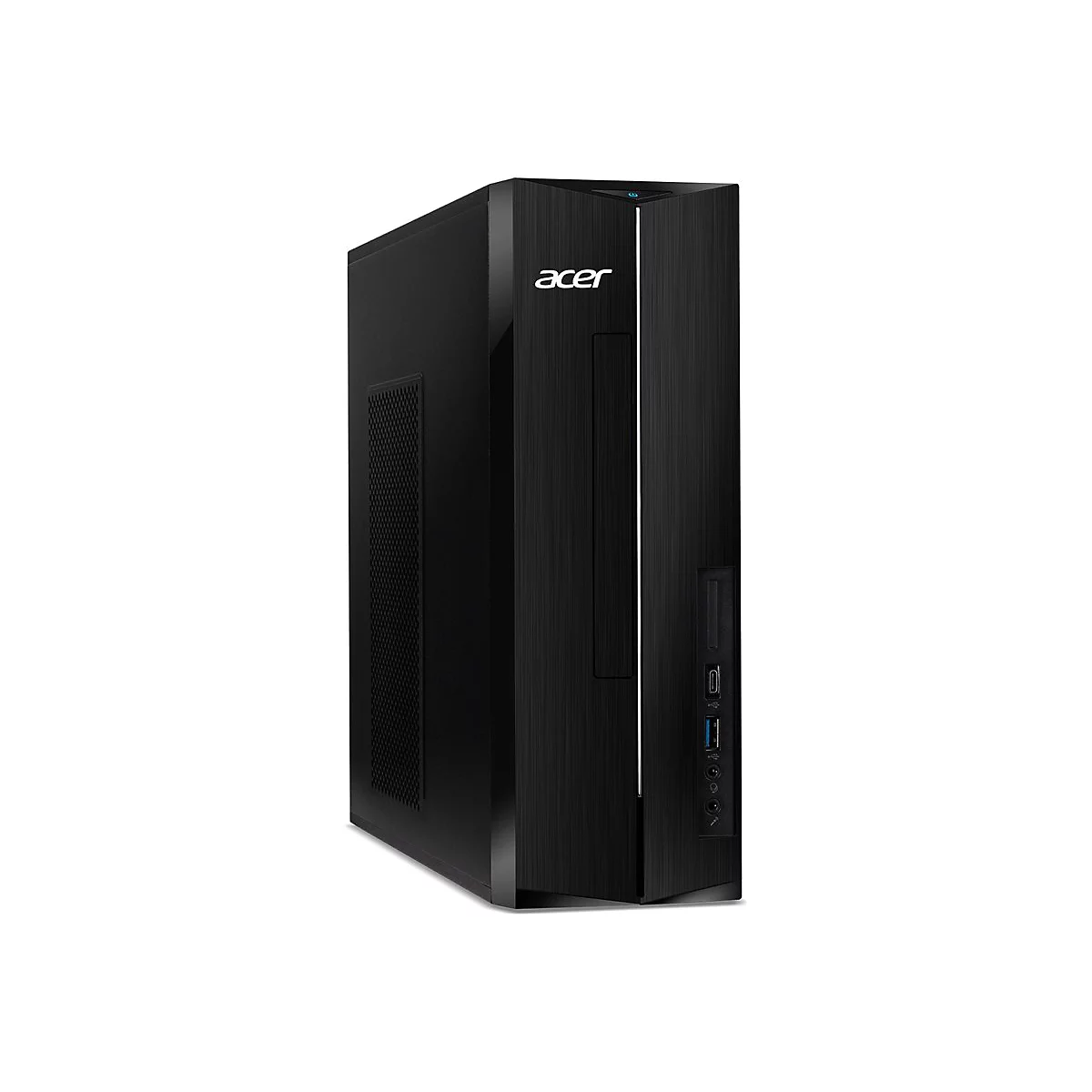 Schwarzer Acer Desktop-Computer vor weißem Hintergrund. Der Tower hat ein schlankes Design mit dem Acer-Logo.