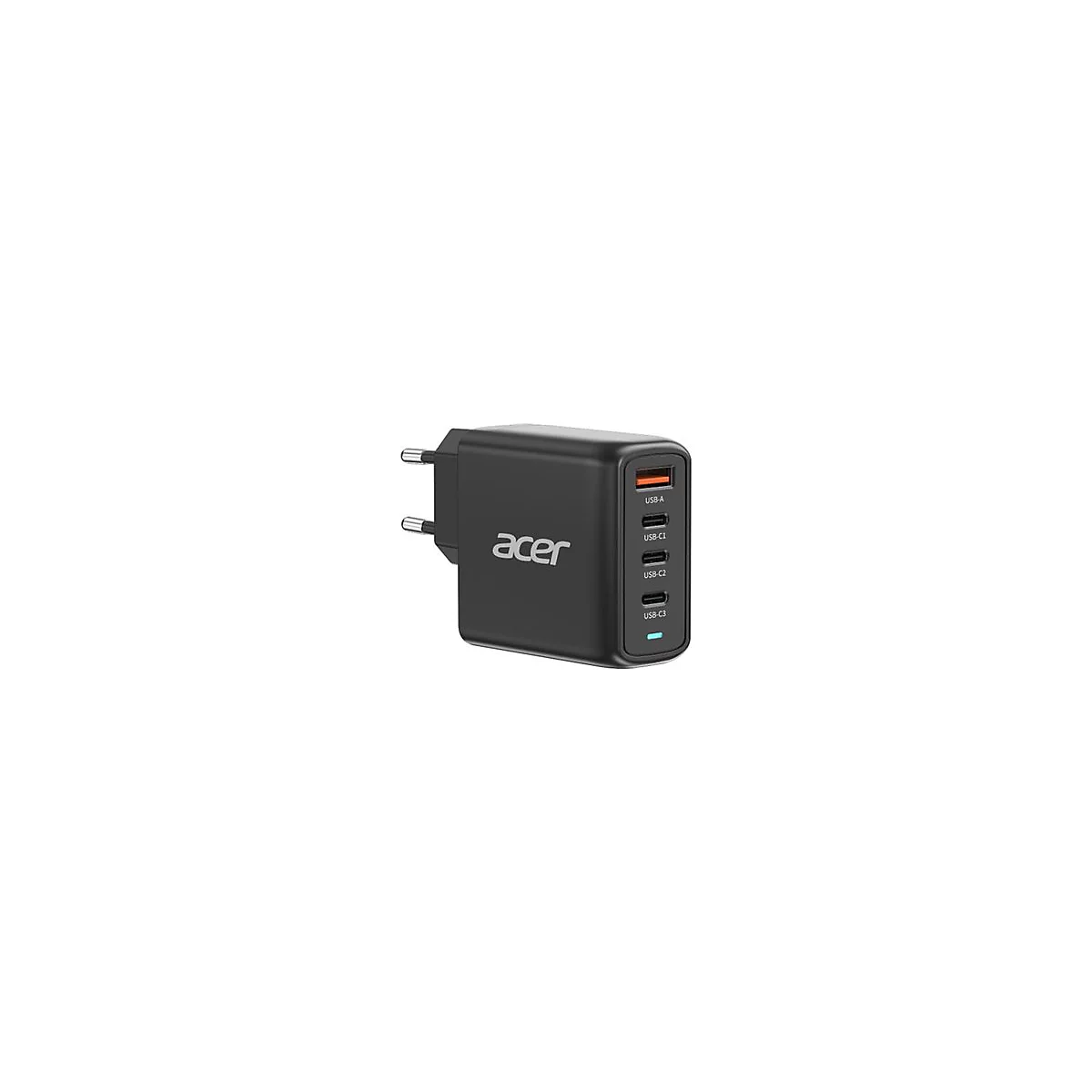 Schwarzes Acer-Ladegerät mit vier Anschlüssen (1x USB-A, 3x USB-C) auf weißem Hintergrund.